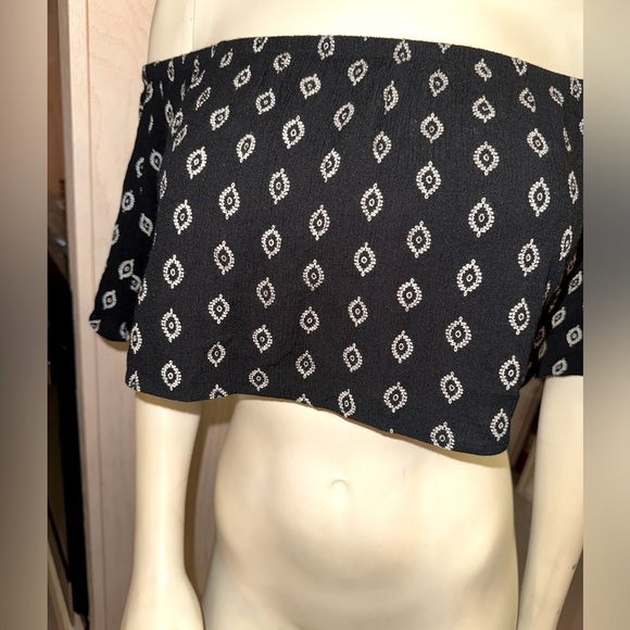 EARTHBOUND FLOUNCE SLEEVE OFF SHOULDER BOHO BLUE GEO PRINT FLOWY CROP M - Picture 5 of 12